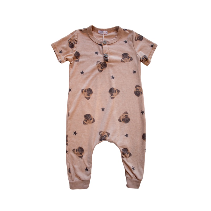 Short Sleeve Henley Romper – Beige Pugs by Cozii FINAL SALE