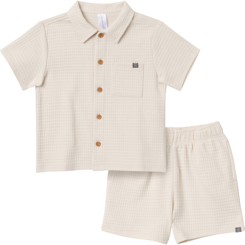 2-Piece Infant & Toddler Boys Beige Button Front Shirt and Shorts Set