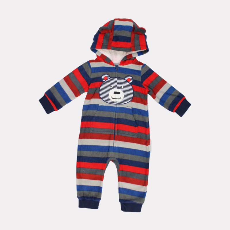 Bear Head Striped Long-Sleeved Hooded Footless Onesie