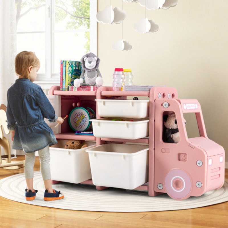 Toddler Truck Storage Organizer With Plastic Bins-Pink