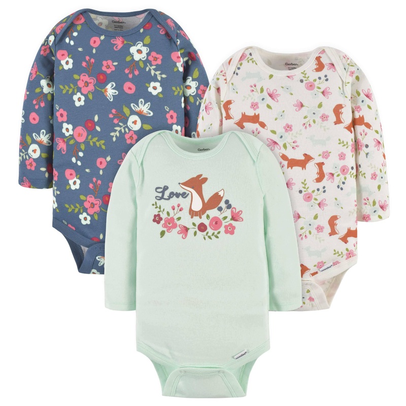 3-Pack Baby Girls Sweet Floral Fox Long Sleeve Onesies Bodysuits