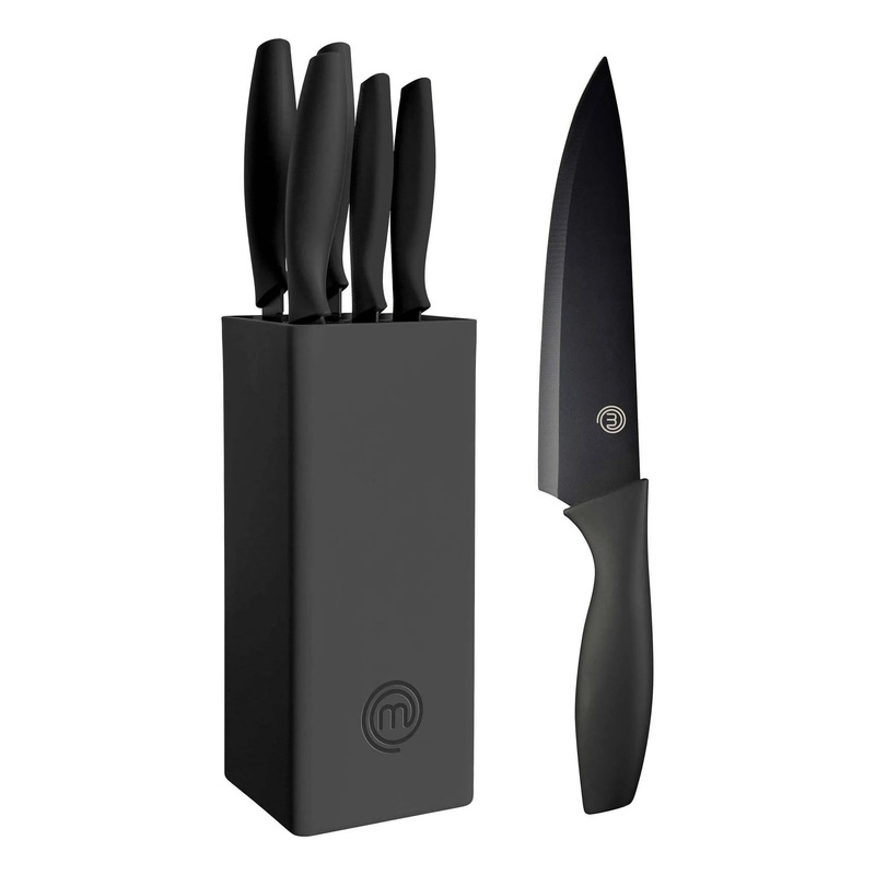 7pc Block Kitchen Knife Set with Nonstick Coated and Holder Essential Black Collection