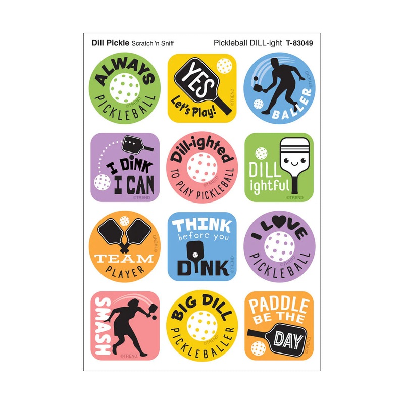 Pickleball DILL-ight, Dill Pickle scent Scratch ‘n Sniff Stinky Stickers  Mixed Shapes