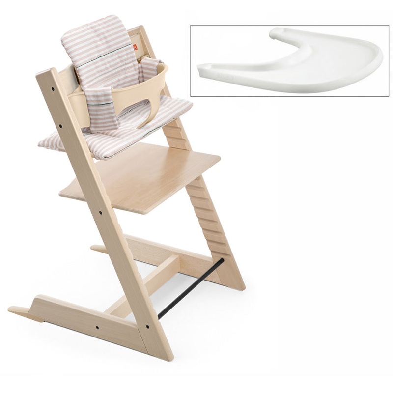 Tripp Trapp High Chair and Cushion with Stokke Tray — Natural/Pink Stripe