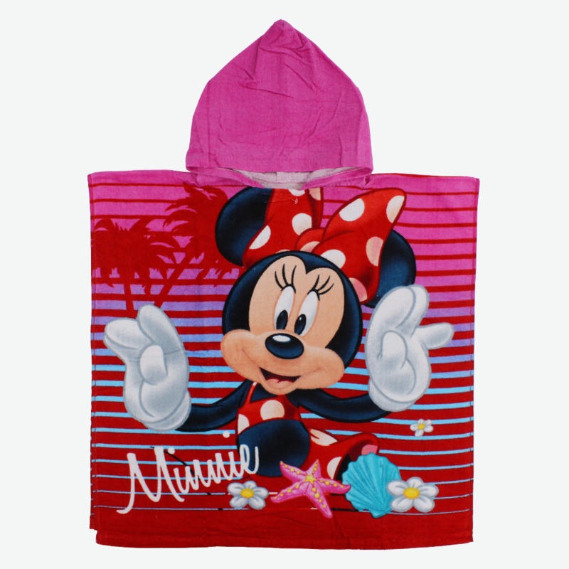 Girls Poncho Beach Towel with Hoodie  Red with Minnie Mouse Print