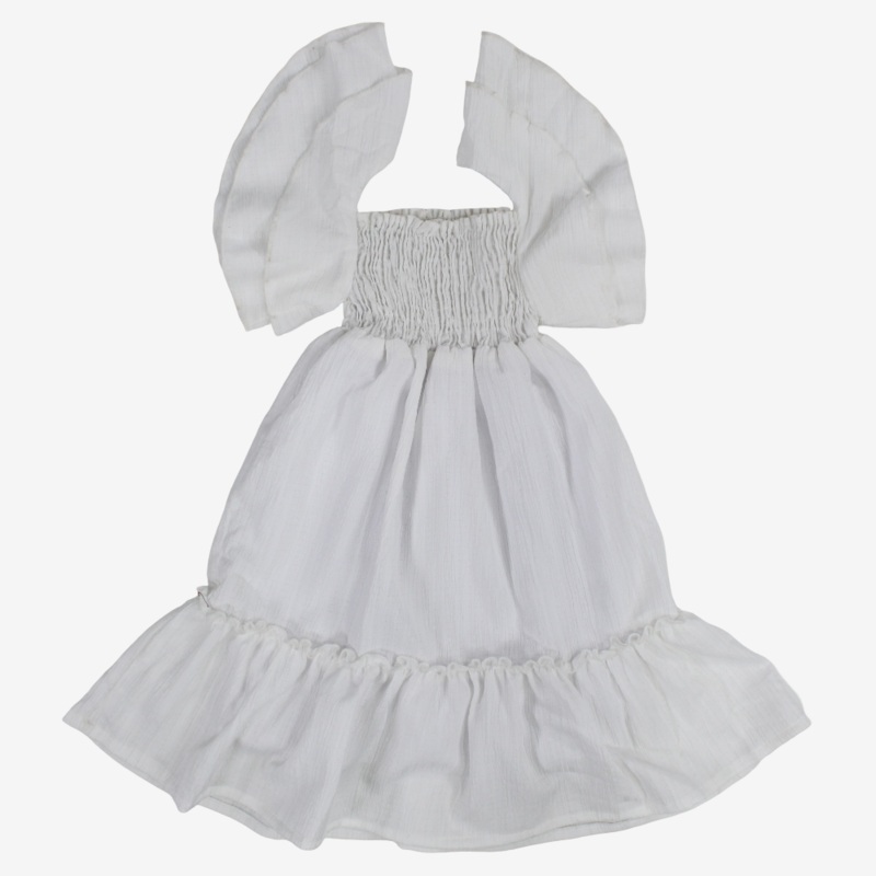 Girls Cotton Dress  Off-White with Ruffled Shoulders