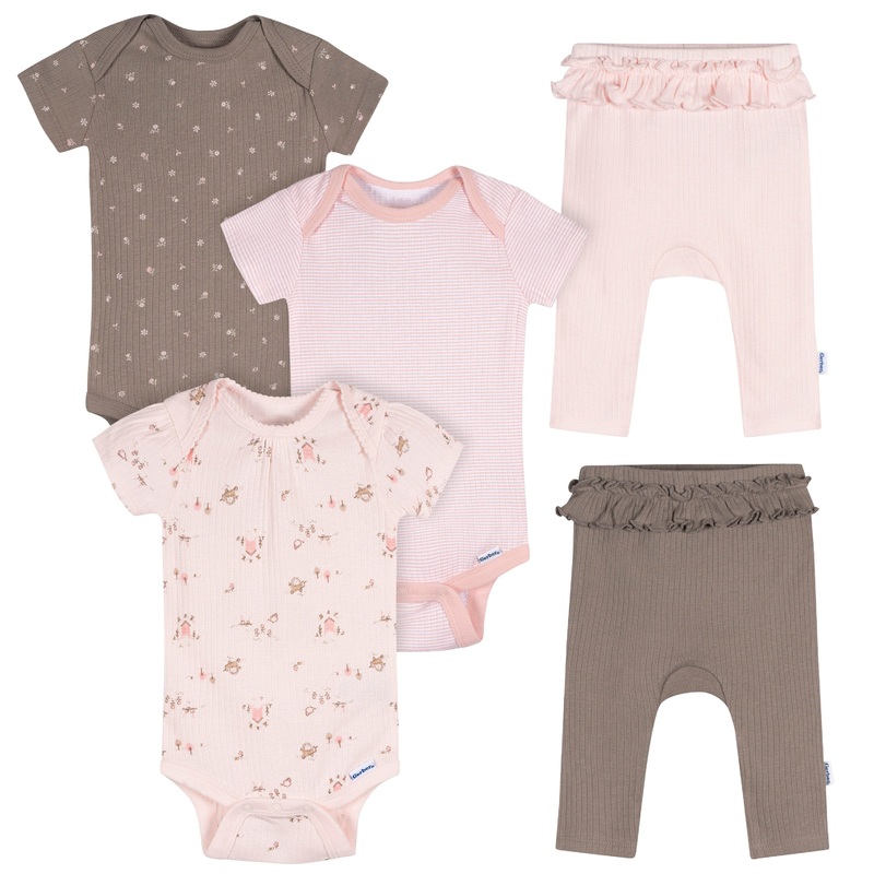 5-Piece Baby Girls Pink Garden Bodysuits & Pants Set