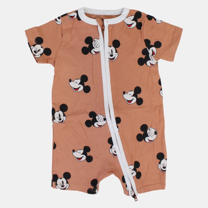 Baby Boys Cotton Romper  Caf with Mickey Mouse Print and Zipper Detail