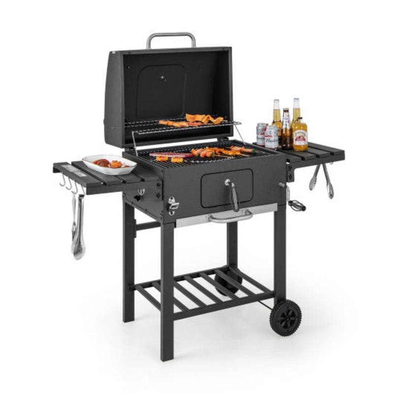 Outdoor BBQ Charcoal Grill With 2 Foldable Side Table and Wheels