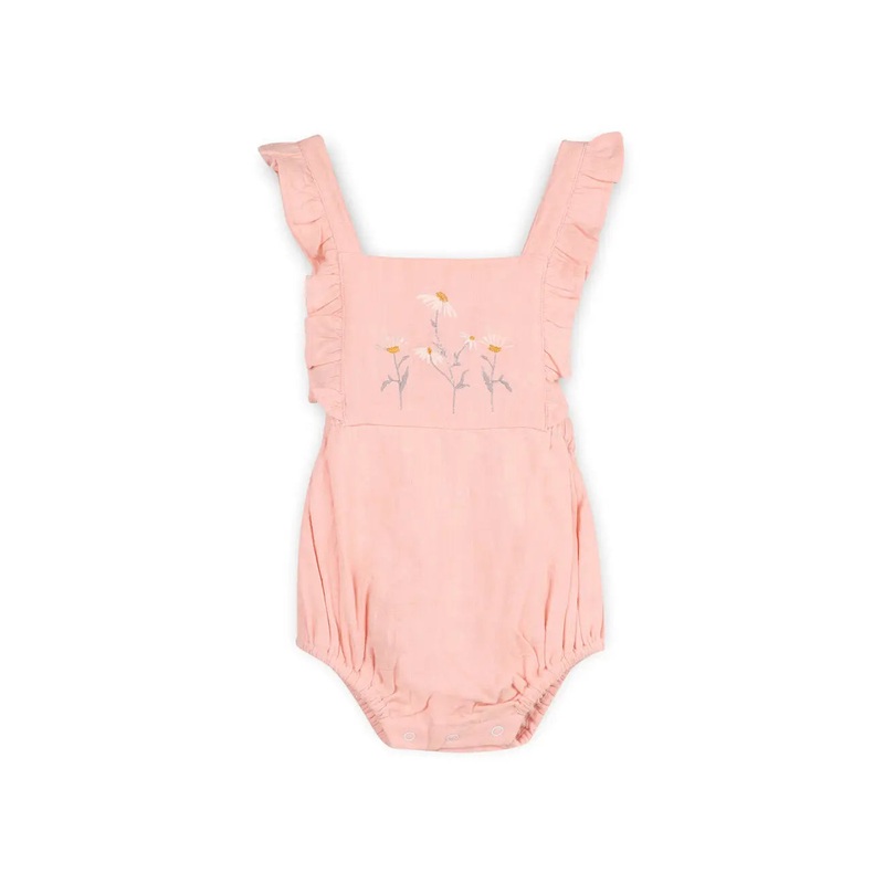 Linen Blend Embroidered Romper – Petal Blush