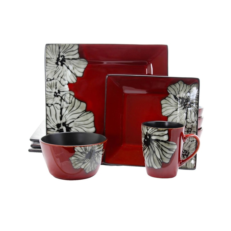 16pc Stoneware Garden Flower Dinnerware Set Red