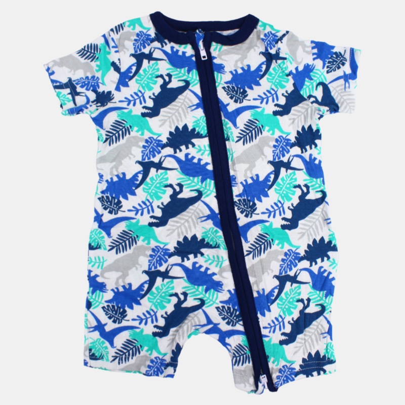 Unisex Baby Cotton Romper  White with Blue Dinosaurs Print