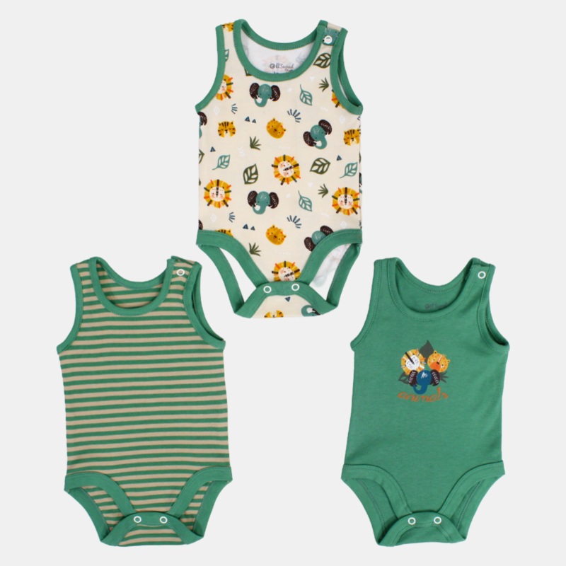 Baby Boys Cotton Underwear Bodysuit  Greenish with Animal Prints (Pack of 3)