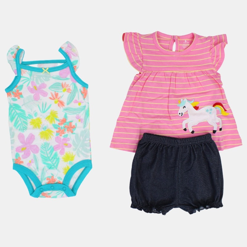 Baby Girls Cotton 3-Piece Outfit Set  Pink Striped with Unicorn Design