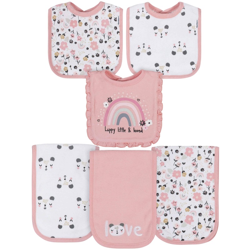 6-Piece Baby Girls Bear Terry Bibs & Burp Cloths Set