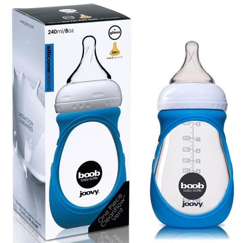 Joovy Boob Glass Bottle with Sleeve, 8 oz – Blue