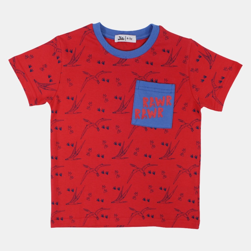 Boys Cotton T-Shirt – Red with Flying Dinos Print