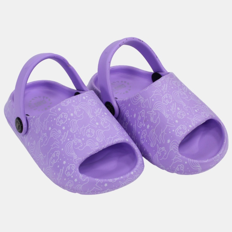 Girls Rubber Sandals  Purple with Unicorn Doodles