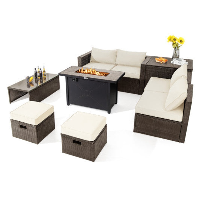 9 Pieces Outdoor Patio Furniture Set With 42 Inch Propane Fire Pit Table-White