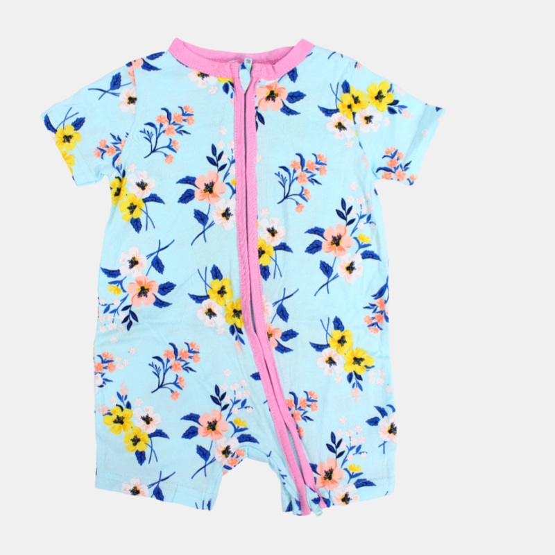 Baby Girls Cotton Romper  Aqua with Floral Print