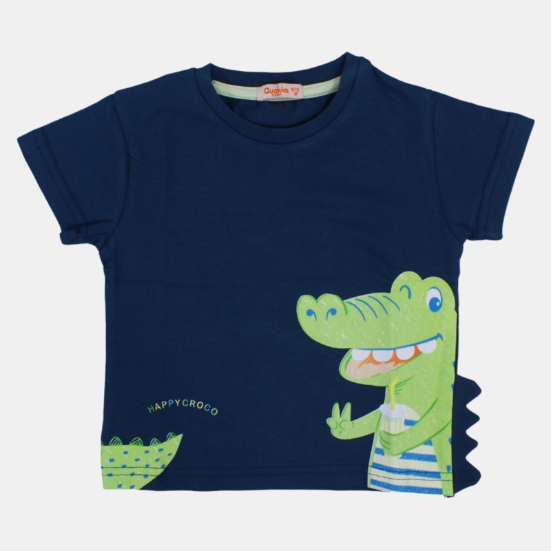 Boys Short-Sleeved Cotton T-Shirt with Happy Crocodile Print
