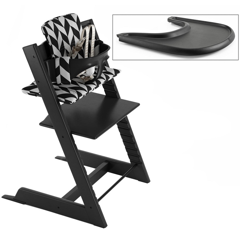 Tripp Trapp High Chair and Cushion with Stokke Tray — Black/Black Chevron