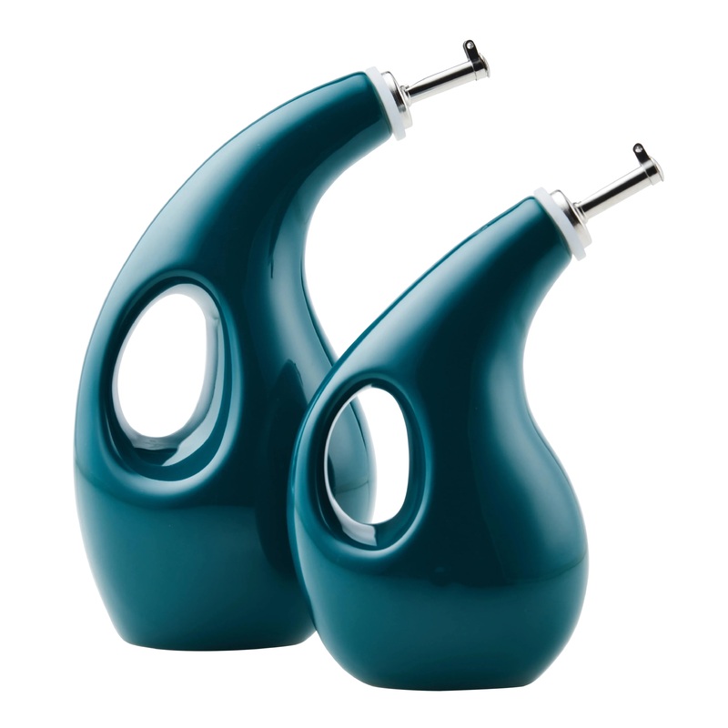 2 piece Ceramic EVOO Oil and Vinegar Dispensing Bottle Set- Teal