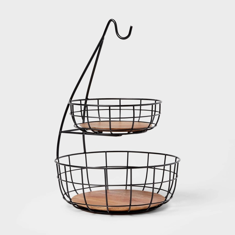 Iron and Mangowood Wire 2-Tier Fruit Basket with Banana Hanger Black – Threshold