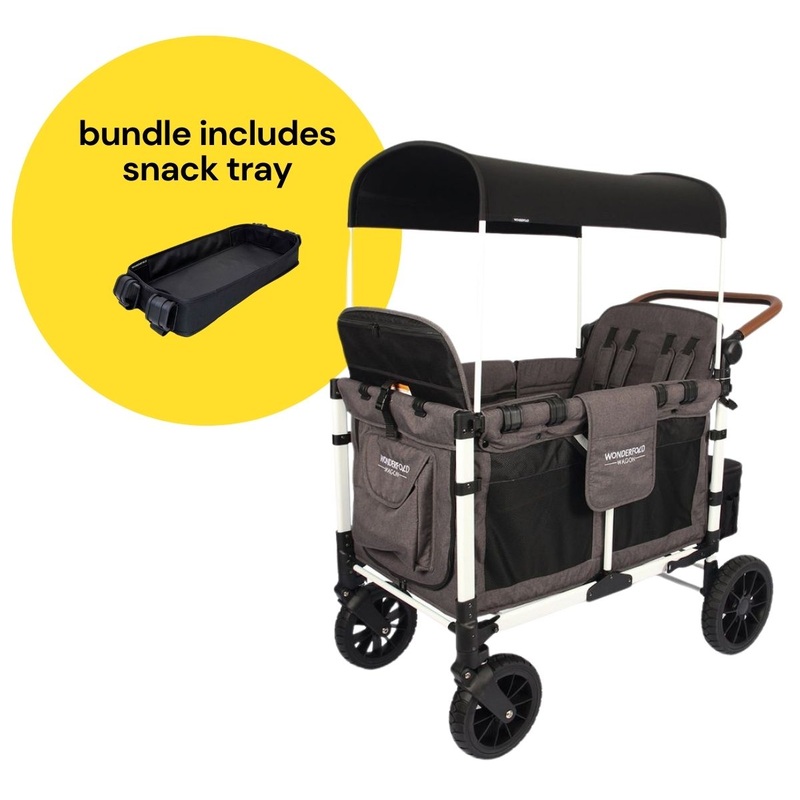 WonderFold W4 Luxe Multifunctional Quad (4 Seater) Stroller Wagon + Snack Tray Bundle – Charcoal Gray/White Frame (Limited Edition)
