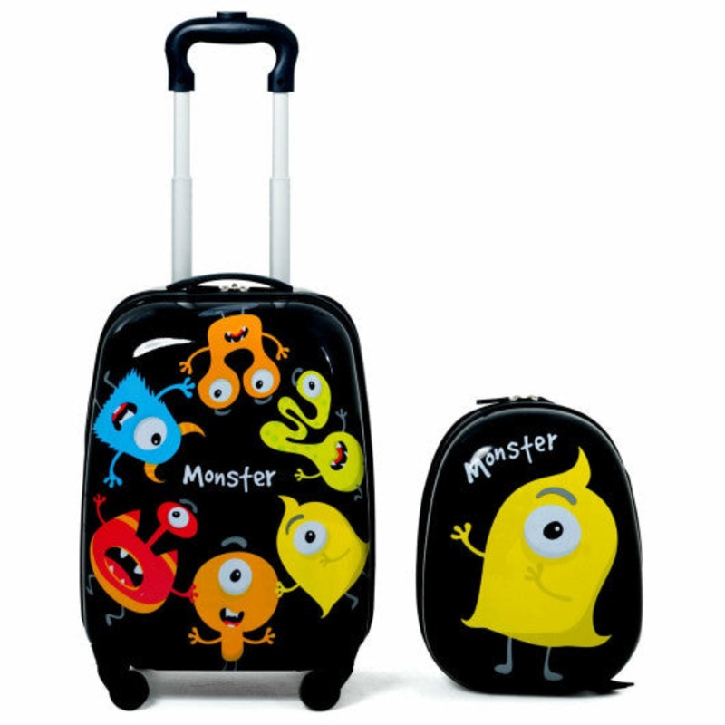 2 Pieces Kids Luggage Set 12 Inch Backpack and 16 Inch Rolling Suitcase – Monsters