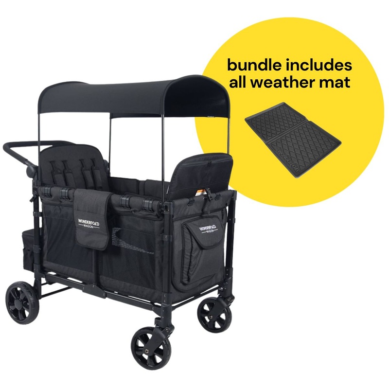 WonderFold W4 Elite Multifunctional Quad (4 Seater) Stroller Wagon + All Weather Mat Bundle – Volcanic Black