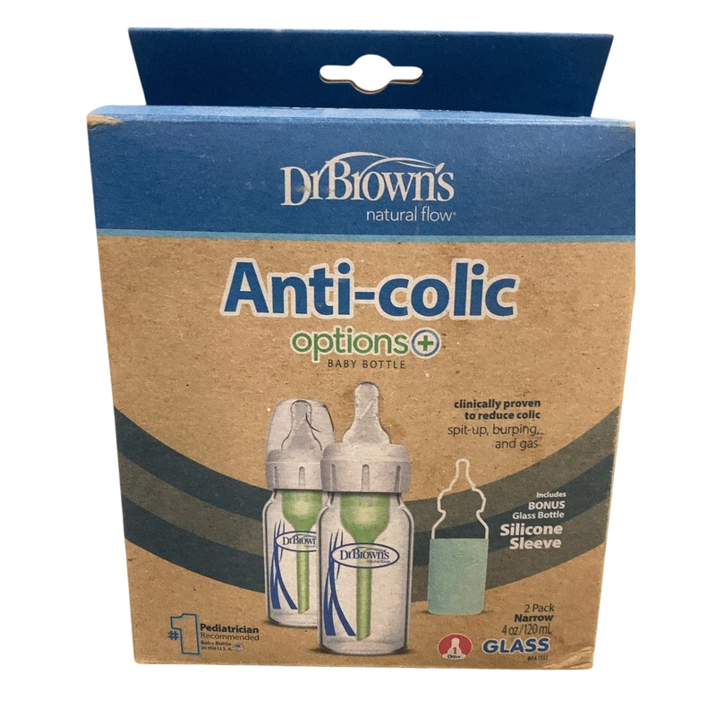Dr. Brown’s Natural Flow Anti-Colic Options+ Narrow Glass Baby Bottles with Silicone Bottle Sleeve, 2 Pack, 4 oz, Mint