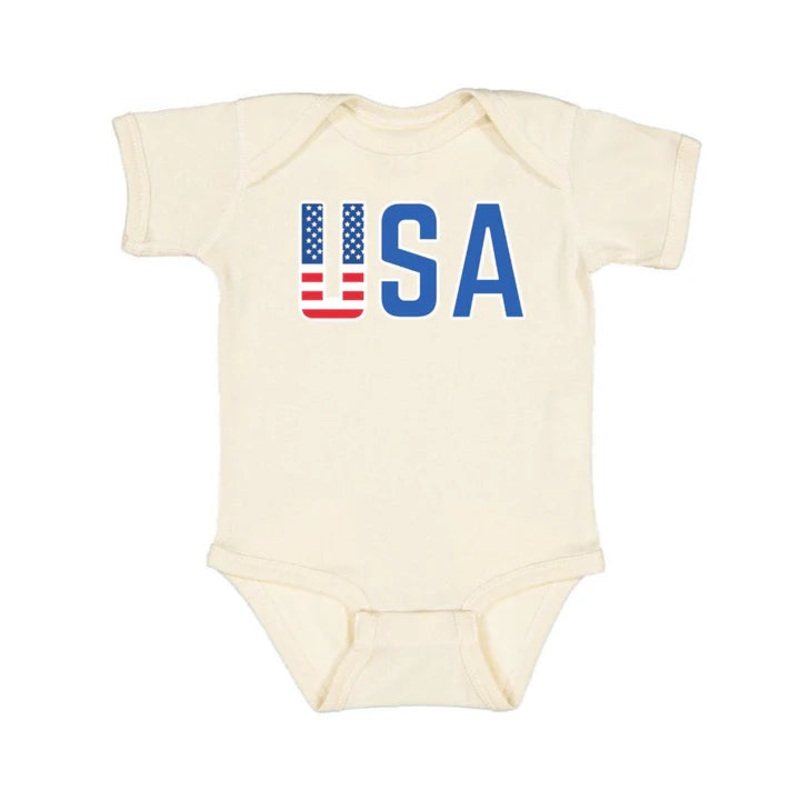 USA Flag Short Sleeve Bodysuit – Natural