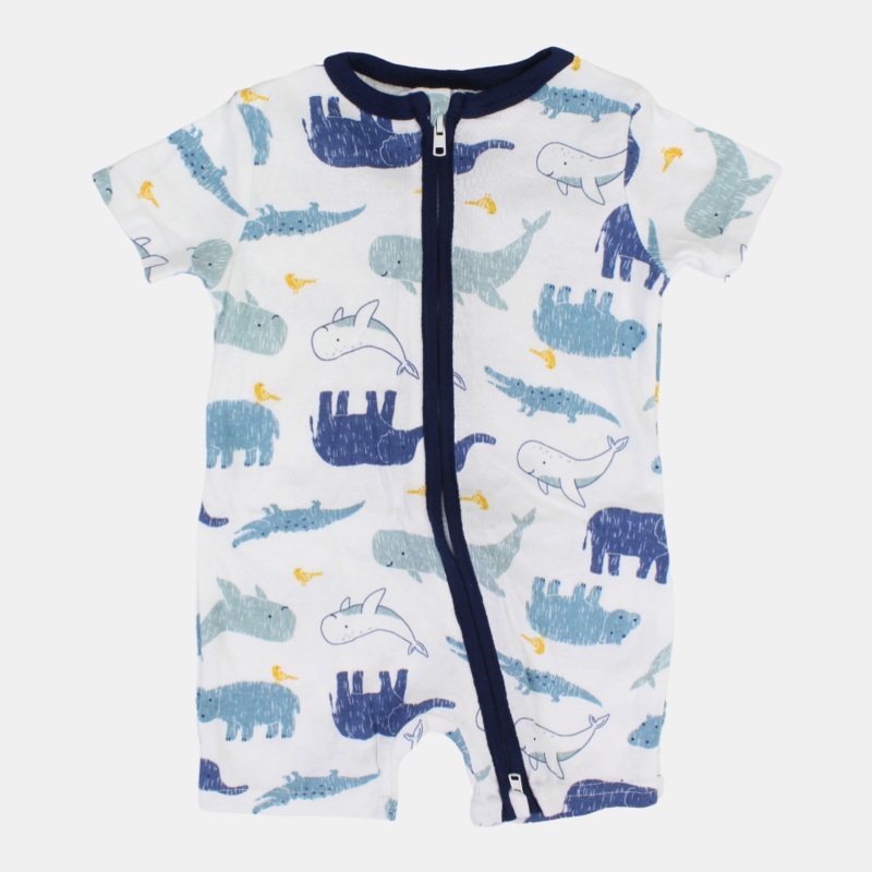 Baby Boys Cotton Romper  White with Animal Print and Zipper Detail