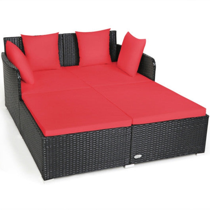 Spacious Outdoor Rattan Daybed With Upholstered Cushions and Pillows-Red