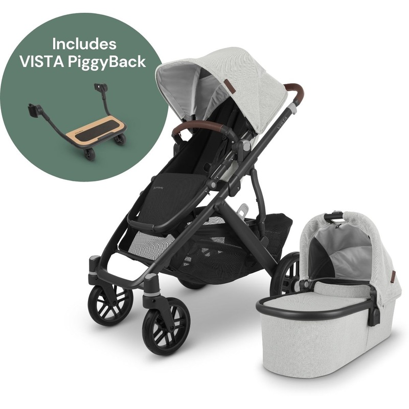 UPPAbaby Vista V2 Single-to-Double Stroller + PiggyBack Ride-Along Bundle – Anthony (White and Grey Chenille / Carbon / Chestnut Leather)