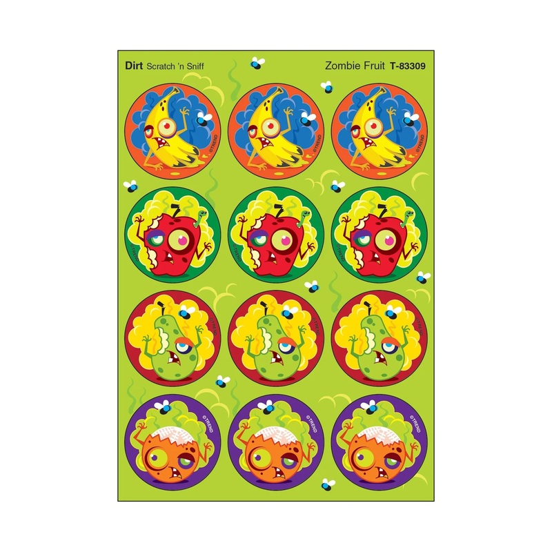 Zombie Fruit, Dirt scent Scratch ‘n Sniff Stinky Stickers  Large Round
