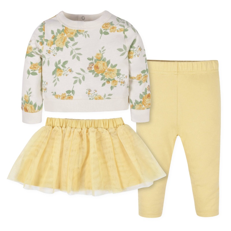 3-Piece Baby & Toddler Girls Golden Flowers French Terry Top, Tulle Tutu, & Legging Set