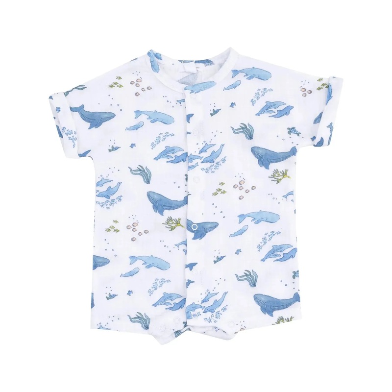 Angel Dear – Organic Muslin Dolman Henley Shortie Romper – Watercolor Whales