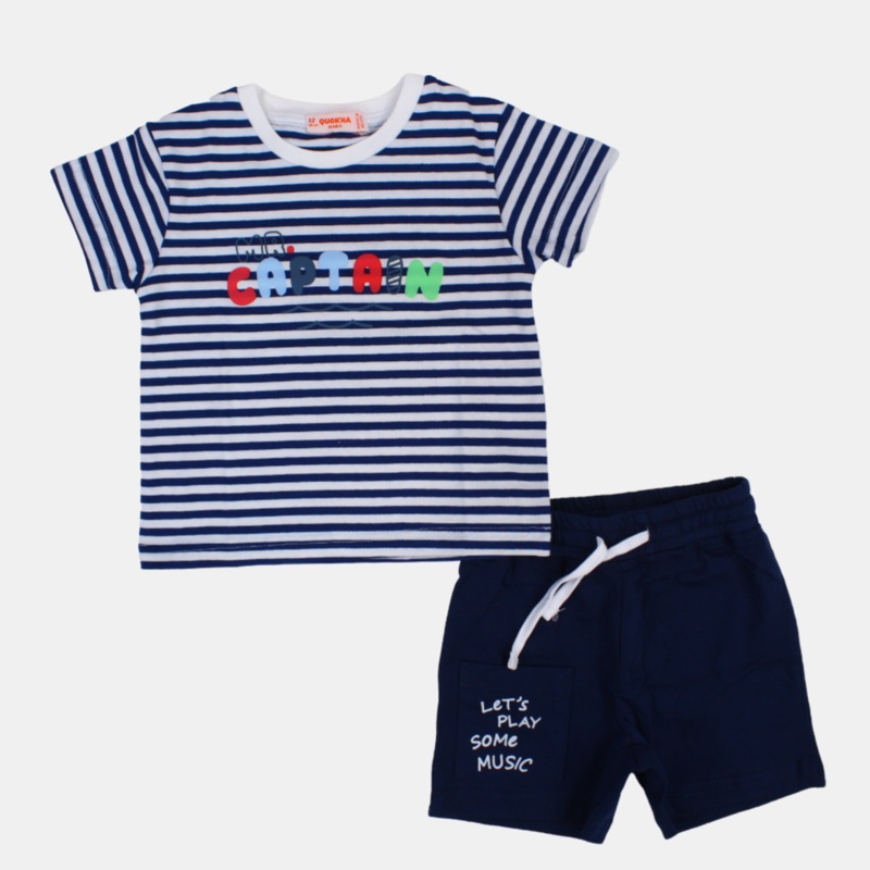 Baby Boys Striped Short-Sleeved 2-Piece Cotton Outfit Set  “Mr. Captain” Print