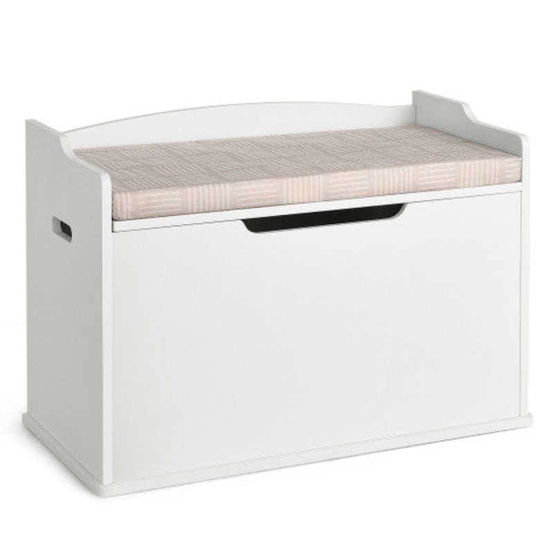 Kids Toy Wooden Flip-Top Storage Box Chest Bench With Cushion Hinge-White
