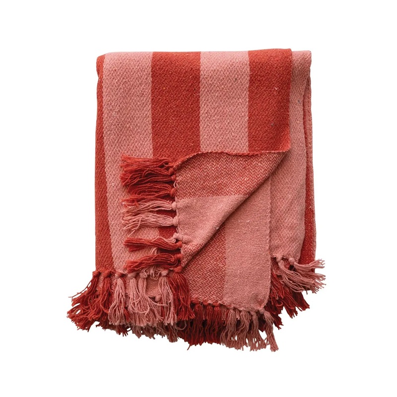 Woven Recycled Cotton Blend Throw with Stripes & Fringes – Pink and Red