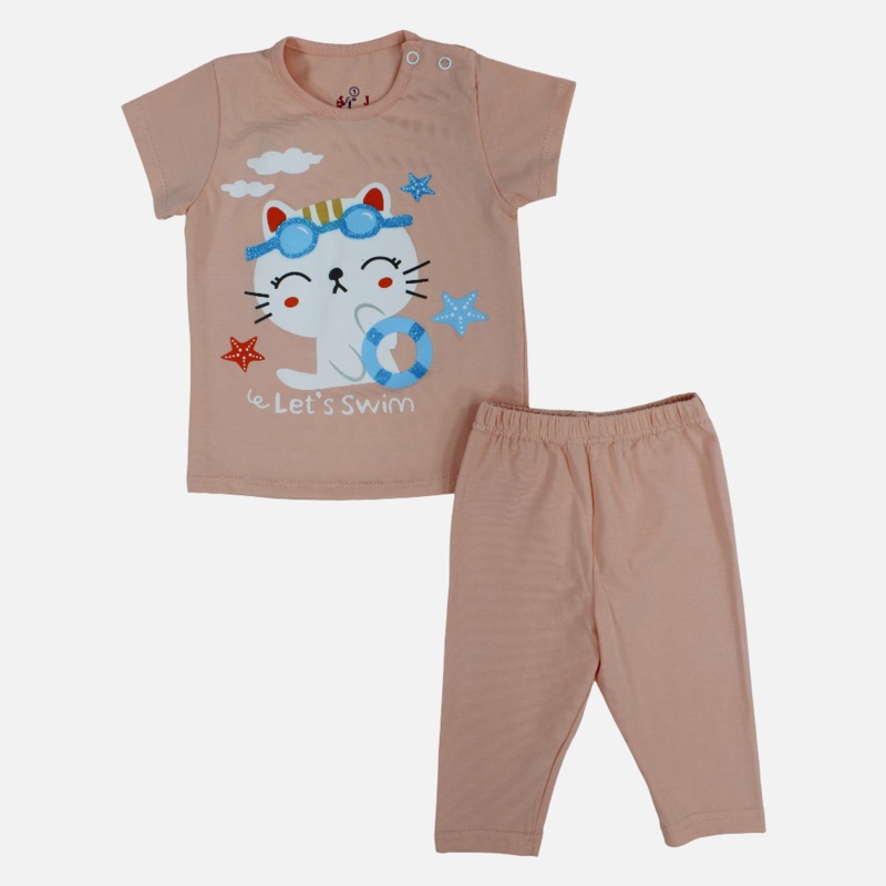 Baby Girls Cotton Pajama Set  Swimming Cat Print