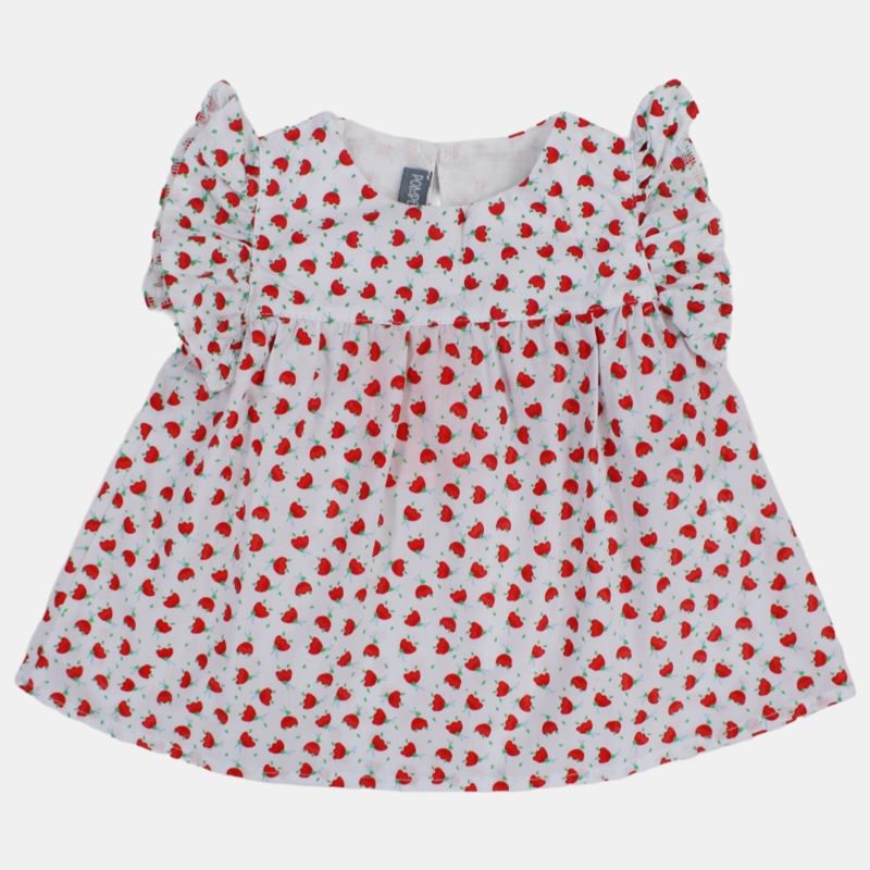 Baby Girls Cotton Blouse  White with Red Tulip Print