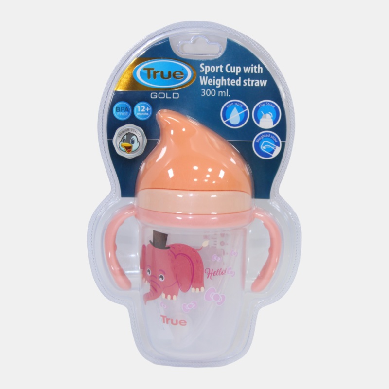True Gold Sport Cup with Weighted Straw  300ml with Pink Elephant Design (12+ months)