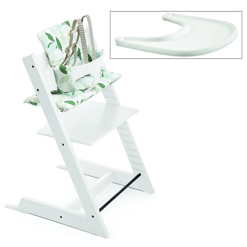 Tripp Trapp High Chair and Cushion with Stokke Tray — White/Green Forest