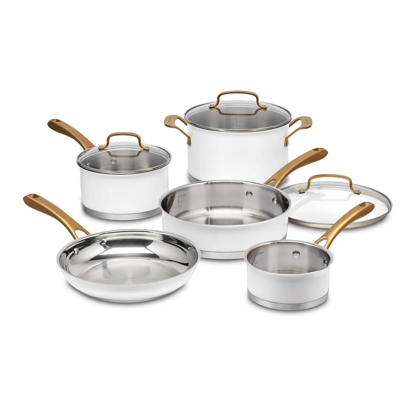 Classic 8pc Stainless Steel Cookware Set with Brushed Gold Handles- Matte White