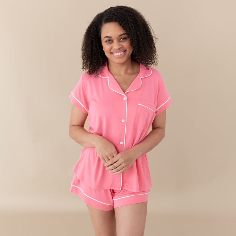 Womens Short Sleeve Pajama Set in Guava with Cloud Trim