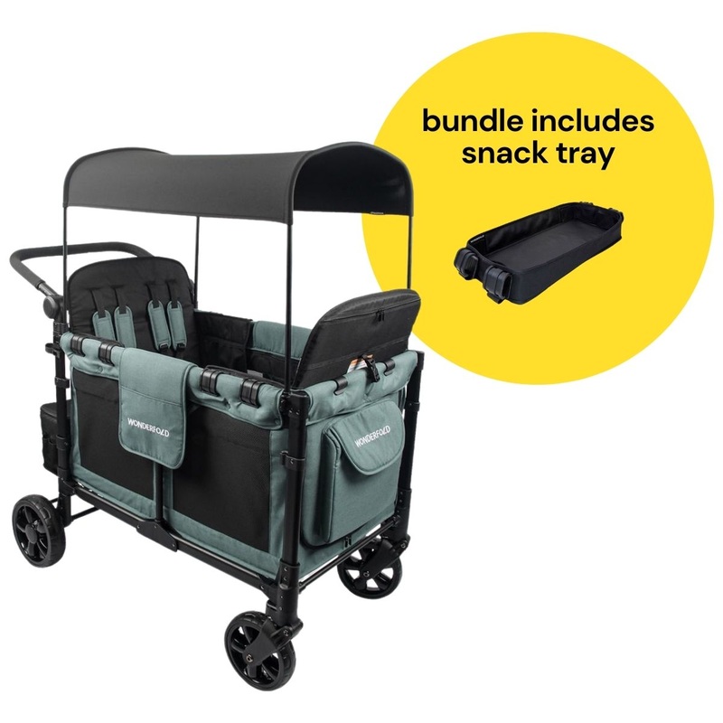 WonderFold W4 Elite Multifunctional Quad (4 Seater) Stroller Wagon + Snack Tray Bundle – Hunter Green