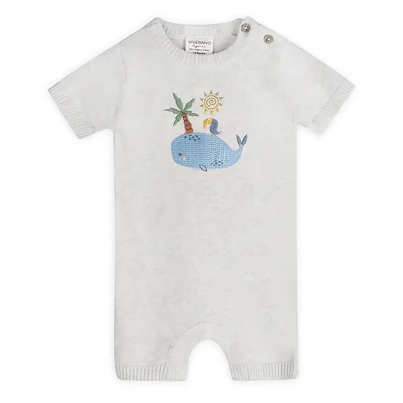 Embroidered Knit Baby Romper Whale and Bird